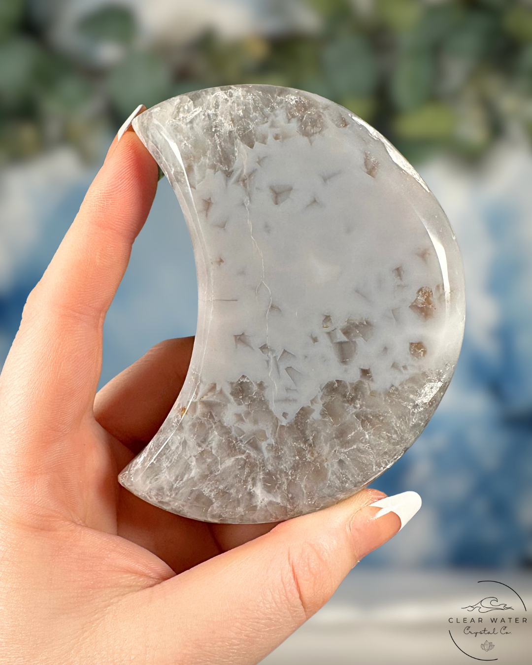 Celestial Captivation: Brazilian Druzy Agate Moon on Stand