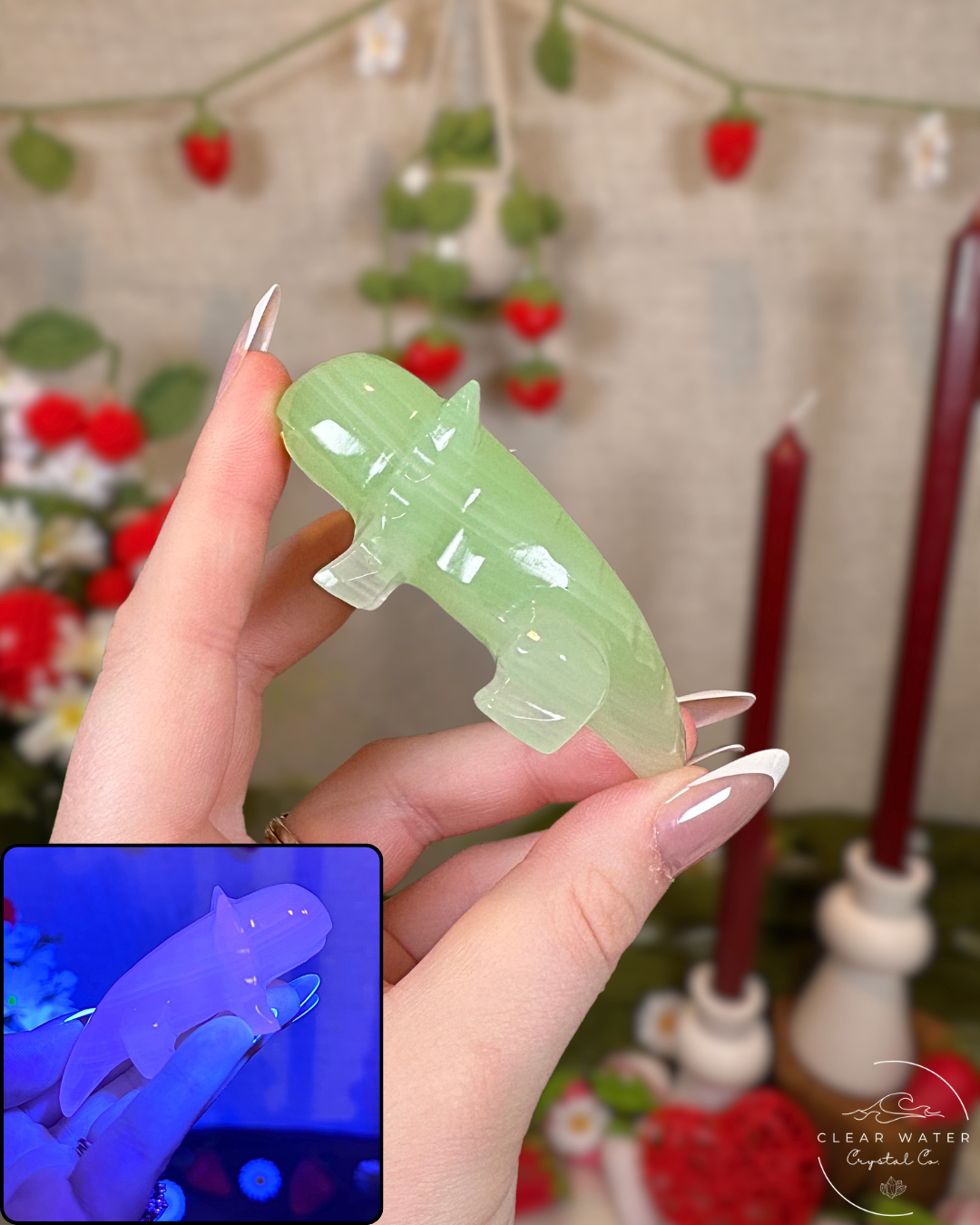 Mexican Green Calcite Axolotl Carvings | UV Reactive