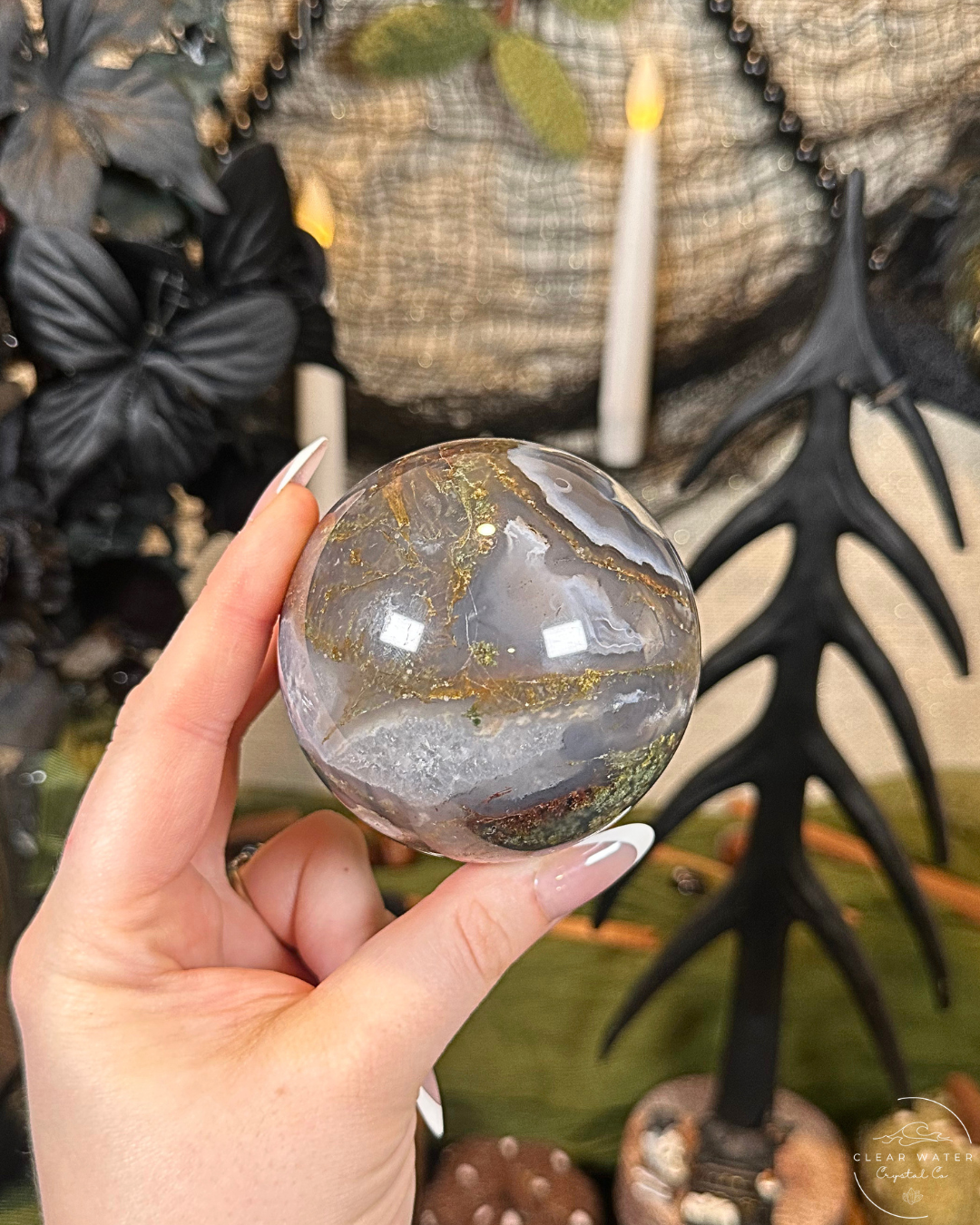 Moonlit Moss Sphere | Scenic Moss Agate from Indonesia