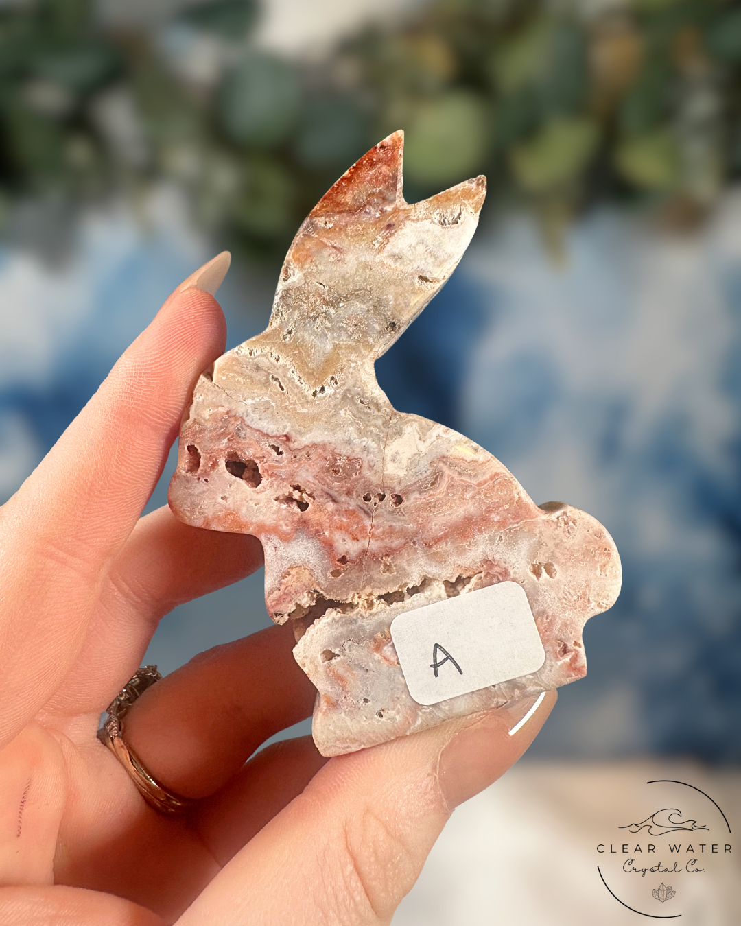 Pink Crazy Lace Agate Rabbit Carving