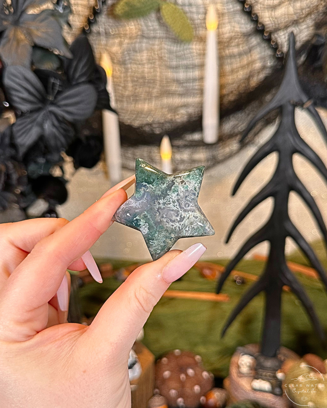 Moss Agate Star Carving