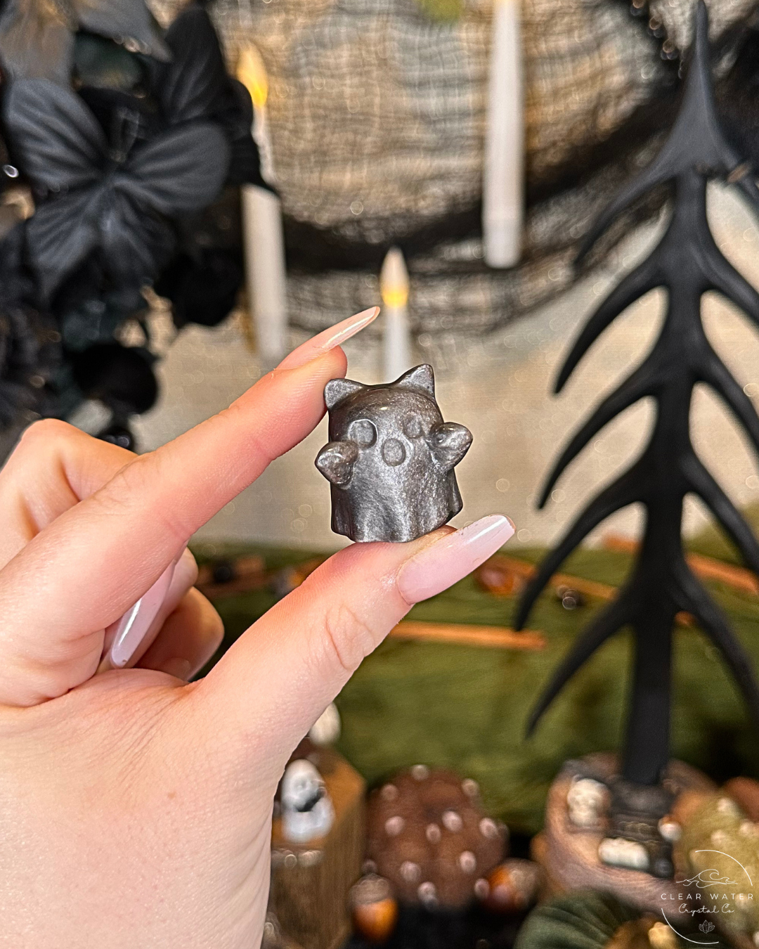 Silver Sheen Obsidian Cat Ghost Carving