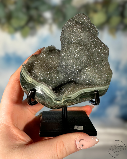 Uruguayan Amethyst on Custom Stand: Emerald Seas