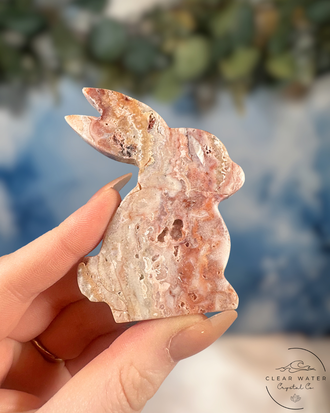 Pink Crazy Lace Agate Rabbit Carving