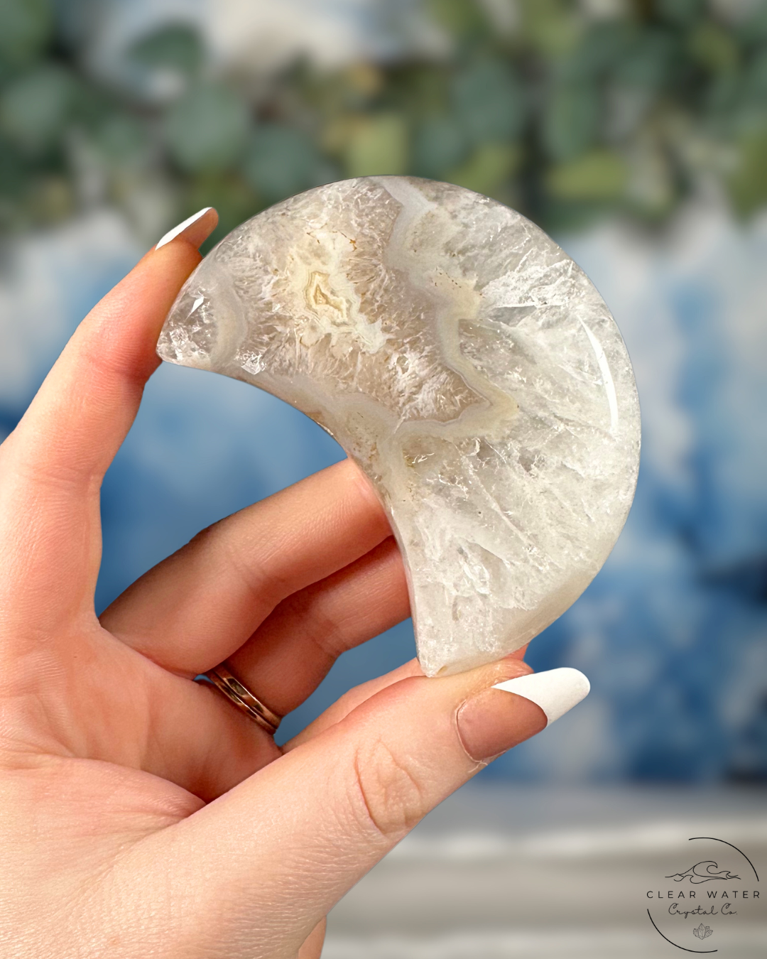Celestial Captivation: Brazilian Druzy Agate Moon on Stand
