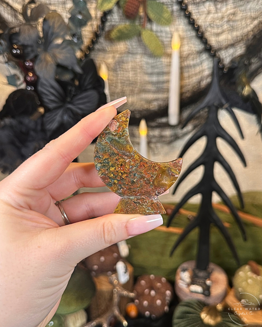 Scenic Moss Agate Standing Moon Carving | Indonesia