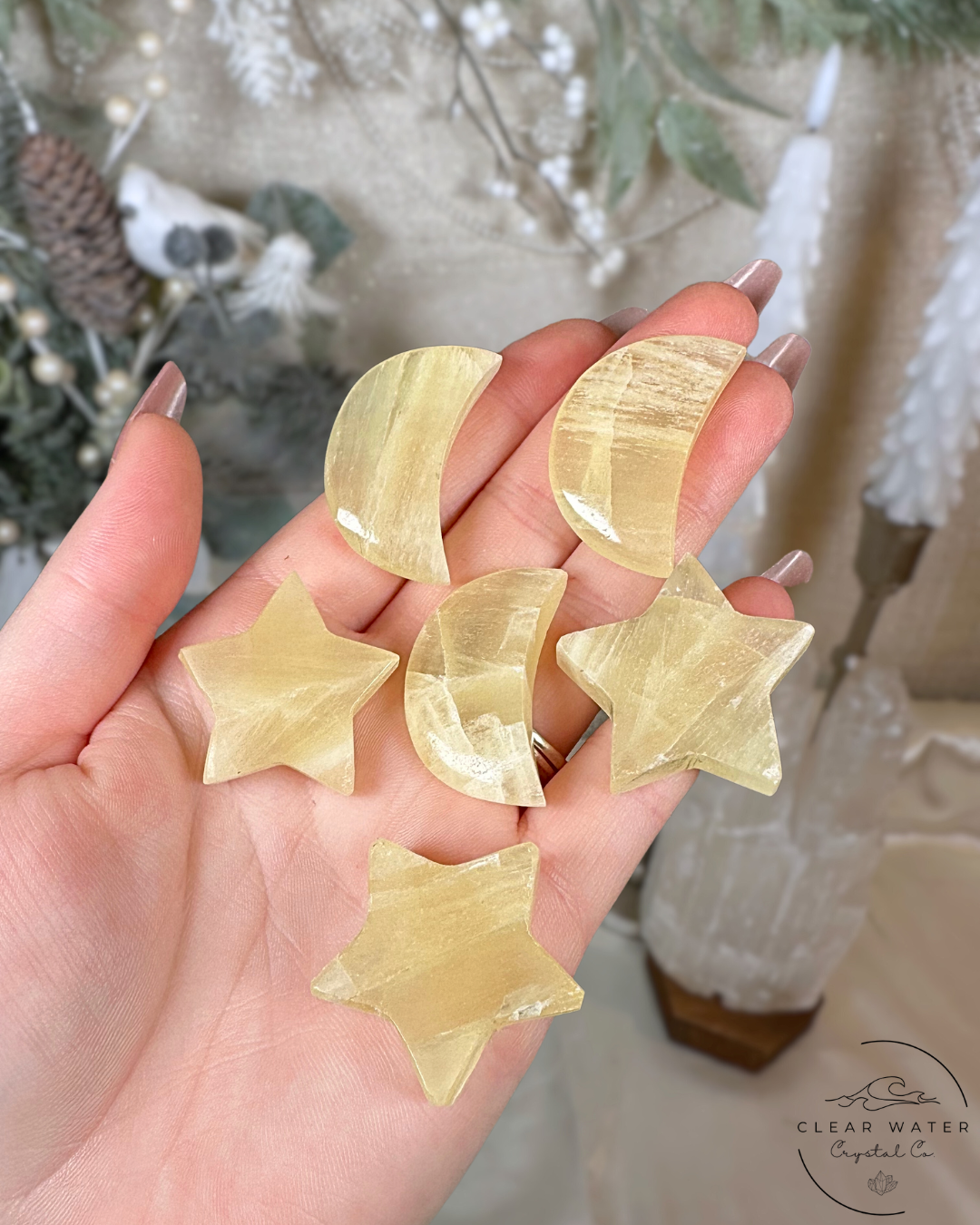 Lemon Calcite Moon & Star Carvings – Pakistan