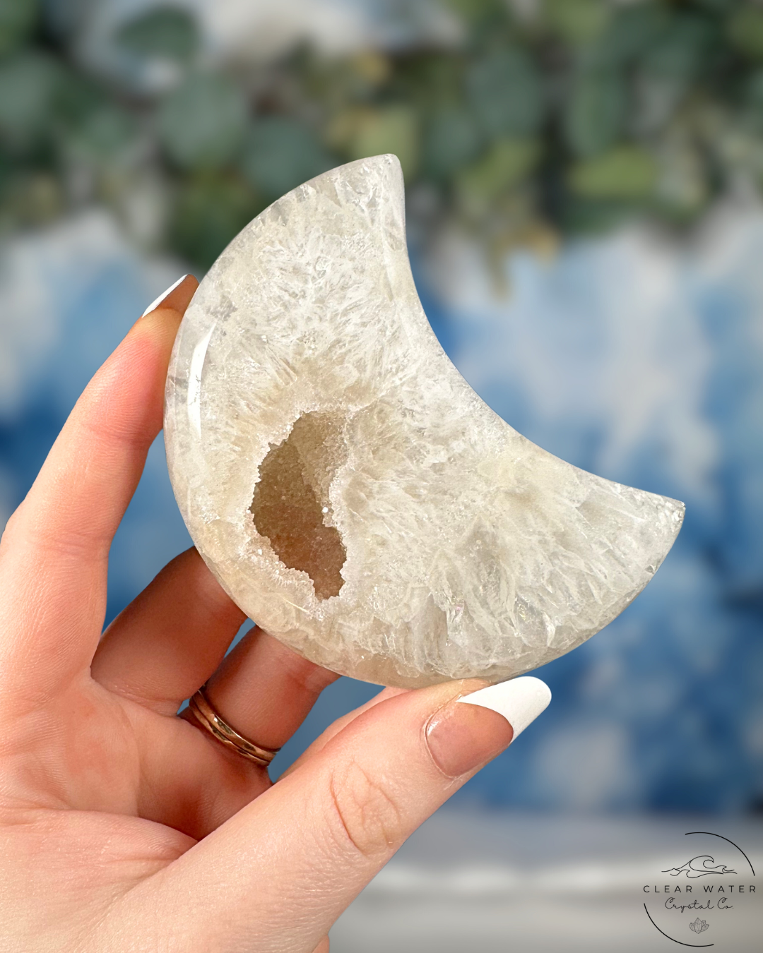 Celestial Captivation: Brazilian Druzy Agate Moon on Stand