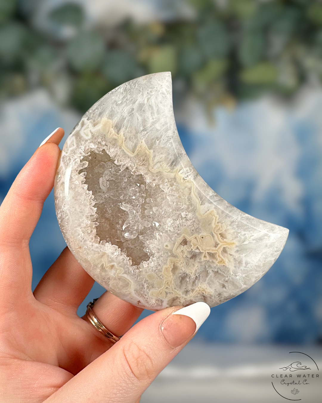 Celestial Captivation: Brazilian Druzy Agate Moon on Stand