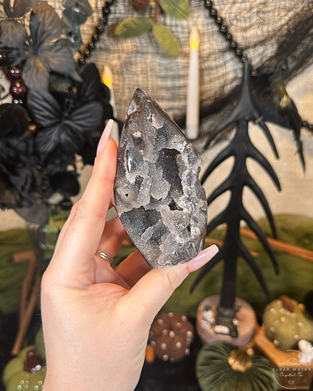Druzy Black Chalcedony Flame Carving | Brazil