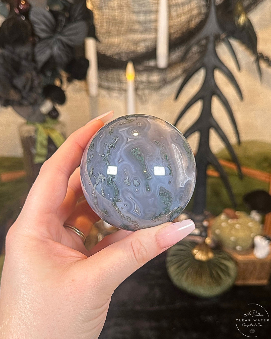 Large Blue Chalcedony & Moss Agate Sphere