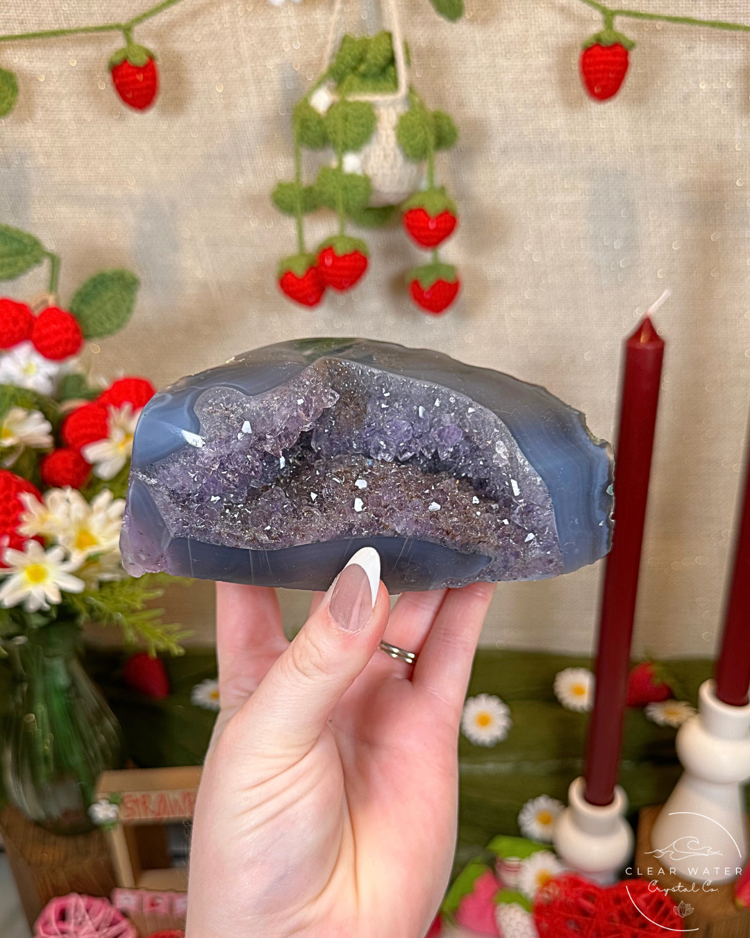 Grape Cavern- Amethyst and Blue Agate Cut Base