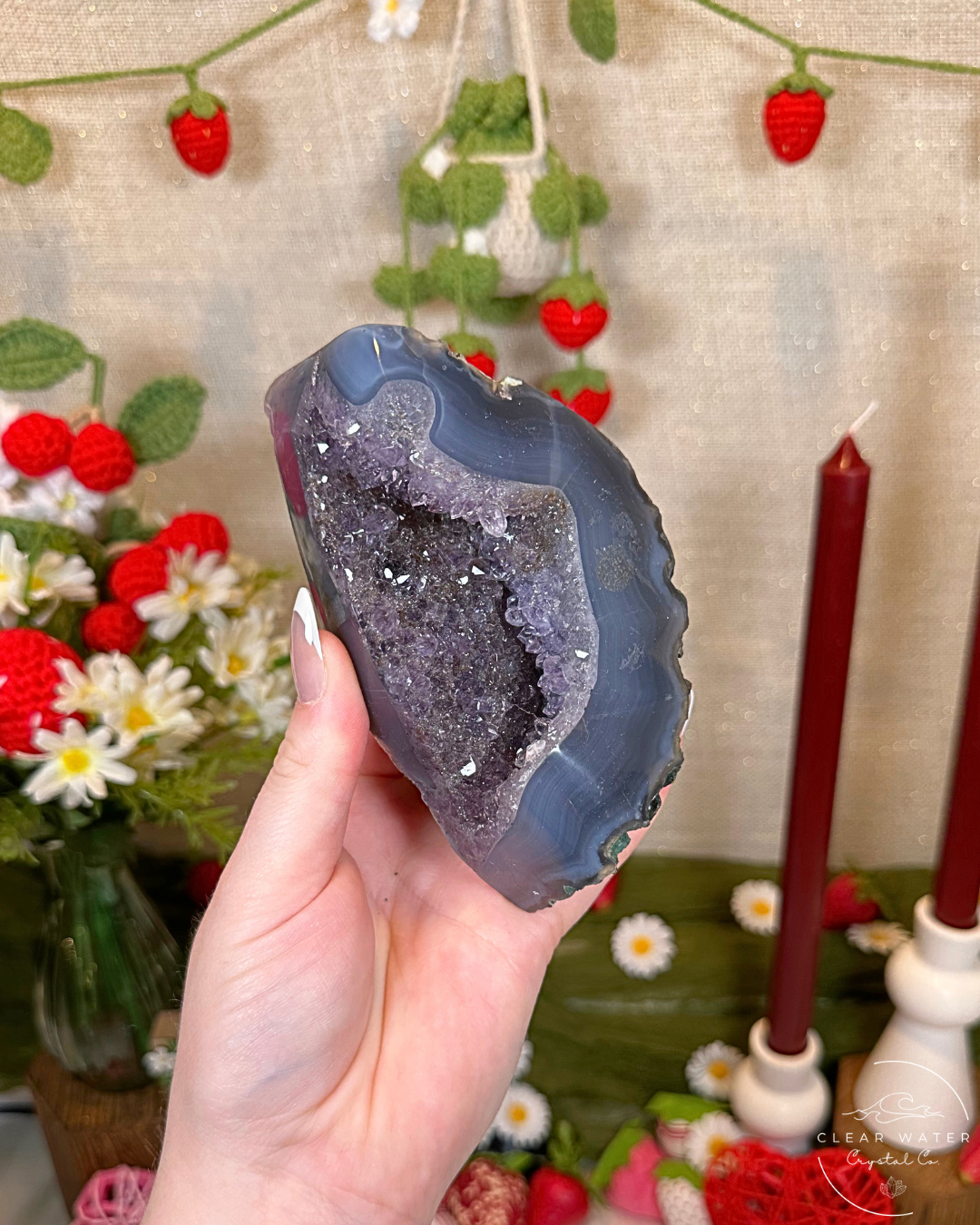 Grape Cavern- Amethyst and Blue Agate Cut Base