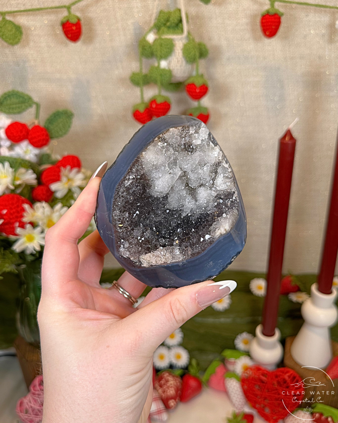 Blackberry Bloom- Amethyst and Blue Agate Cut Base with Calcite