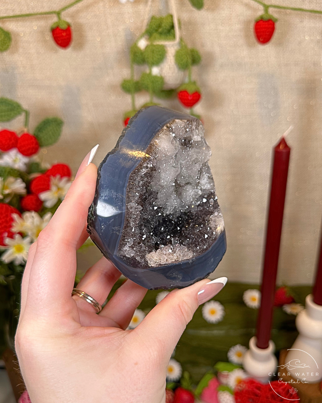 Blackberry Bloom- Amethyst and Blue Agate Cut Base with Calcite