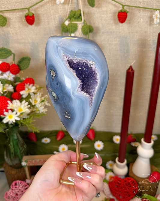 Dreamy Dunes- Blue Chalcedony with Amethyst on Gold Stand