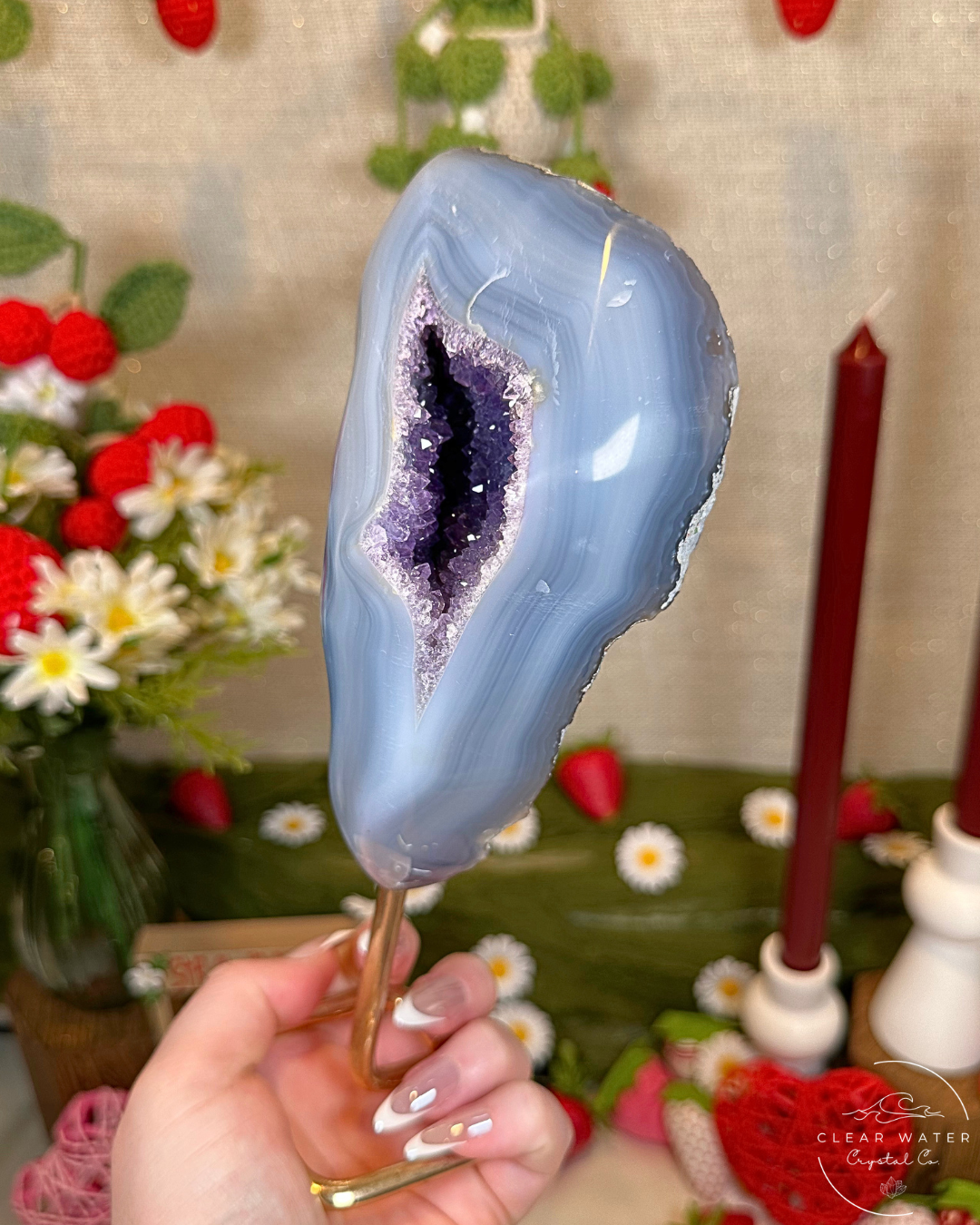 Dreamy Dunes- Blue Chalcedony with Amethyst on Gold Stand