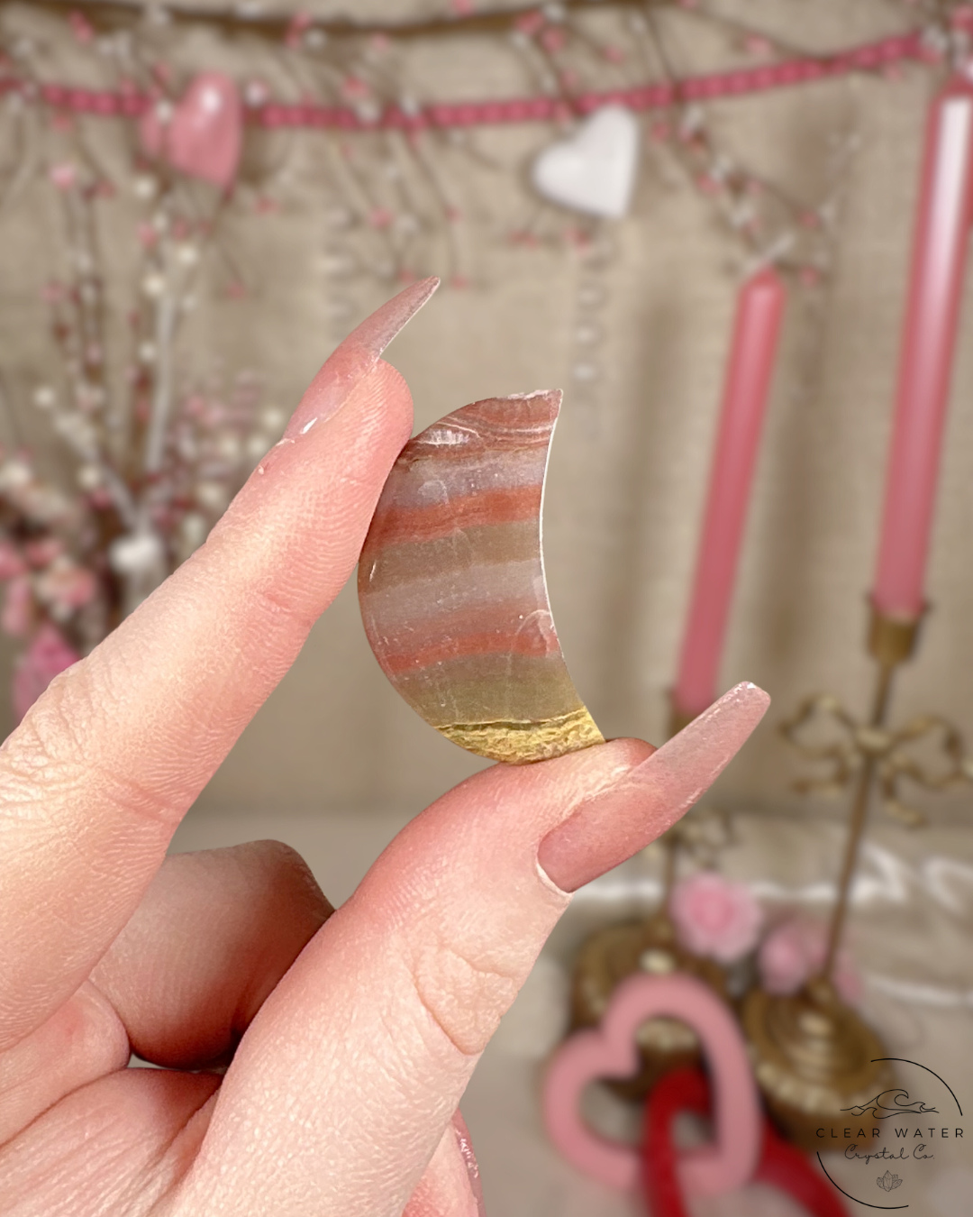 Pink Banded Onyx Moon or Star Carving – Pakistan