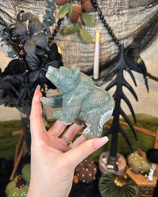 Large Moss Agate Bear Carving