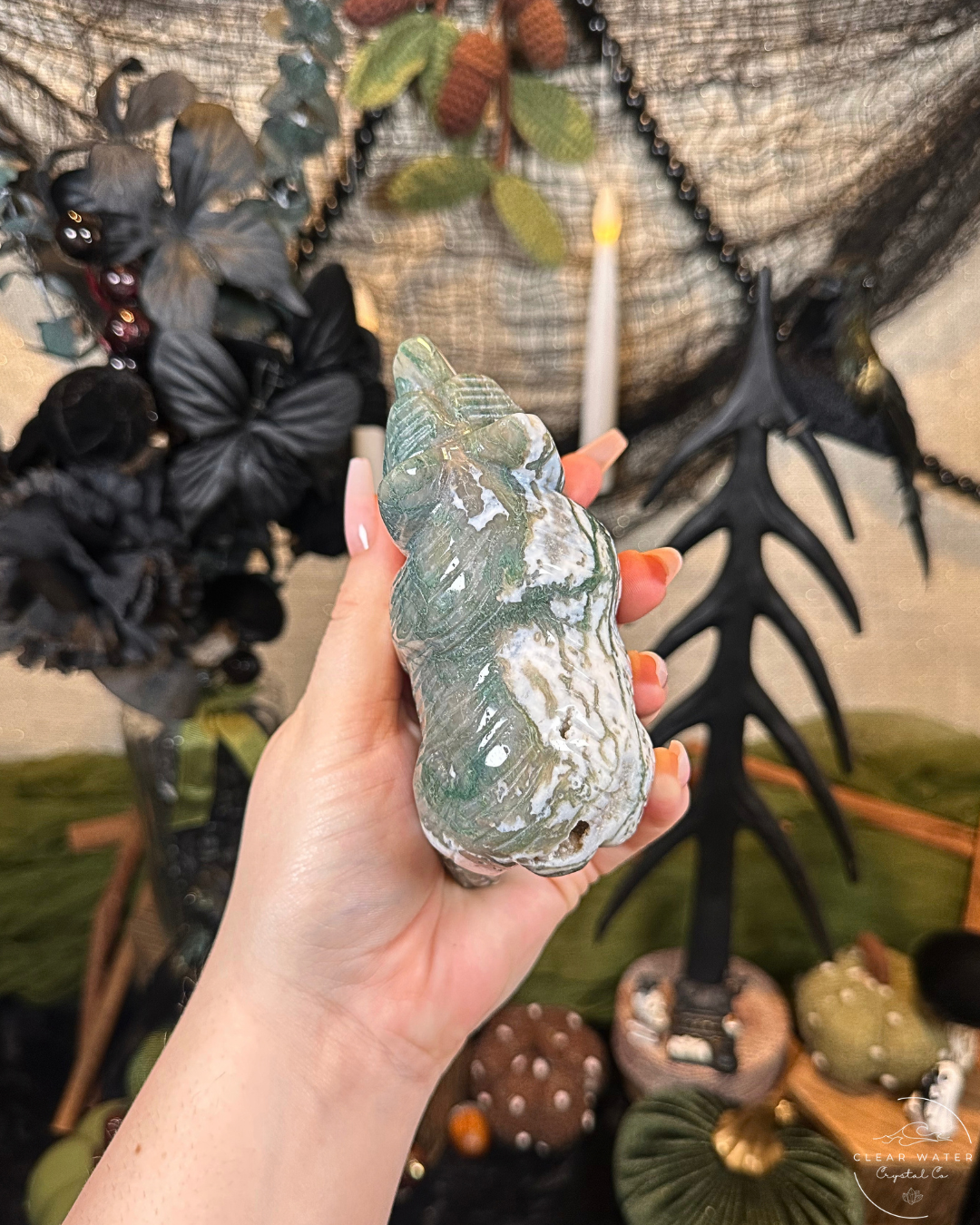 Large Moss Agate Bear Carving