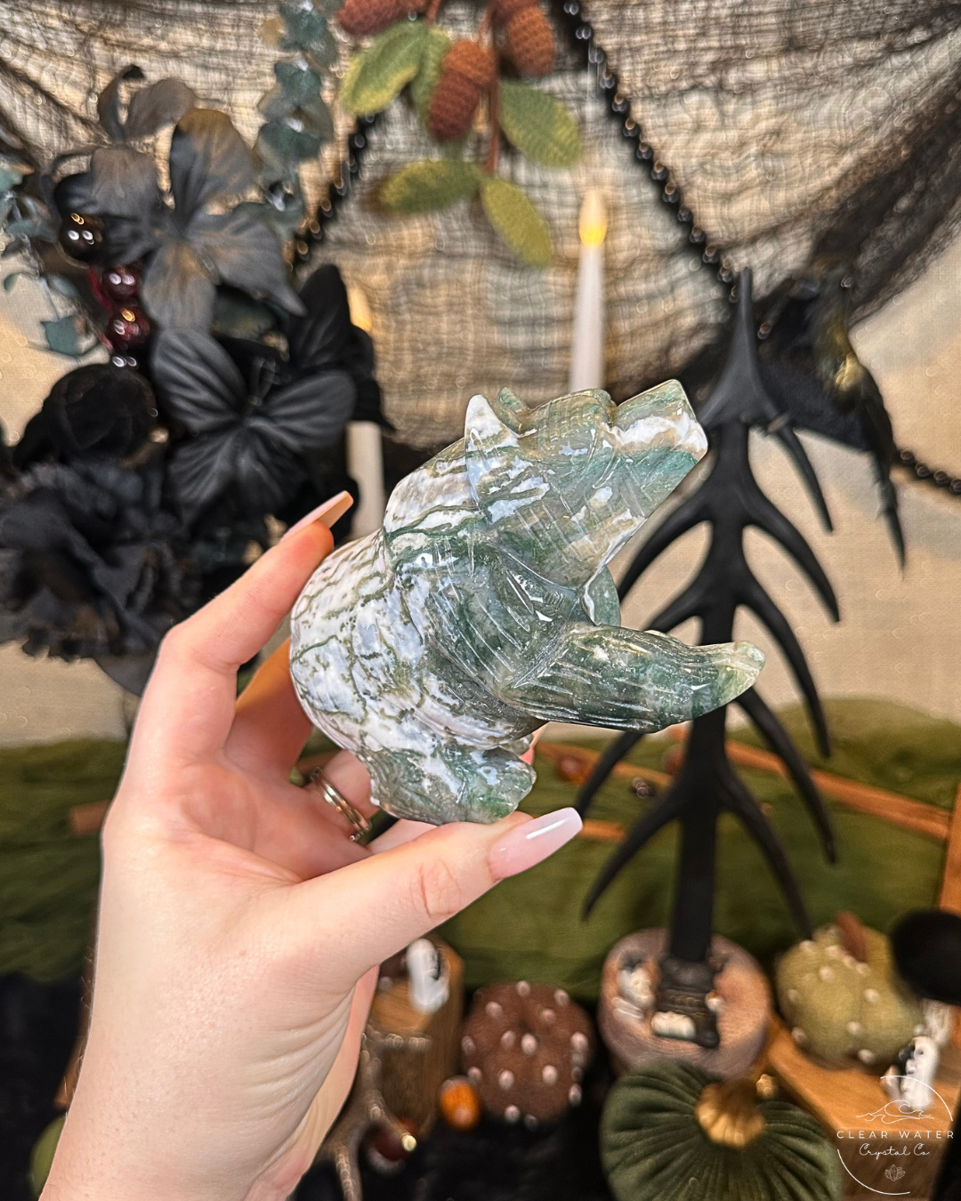 Large Moss Agate Bear Carving