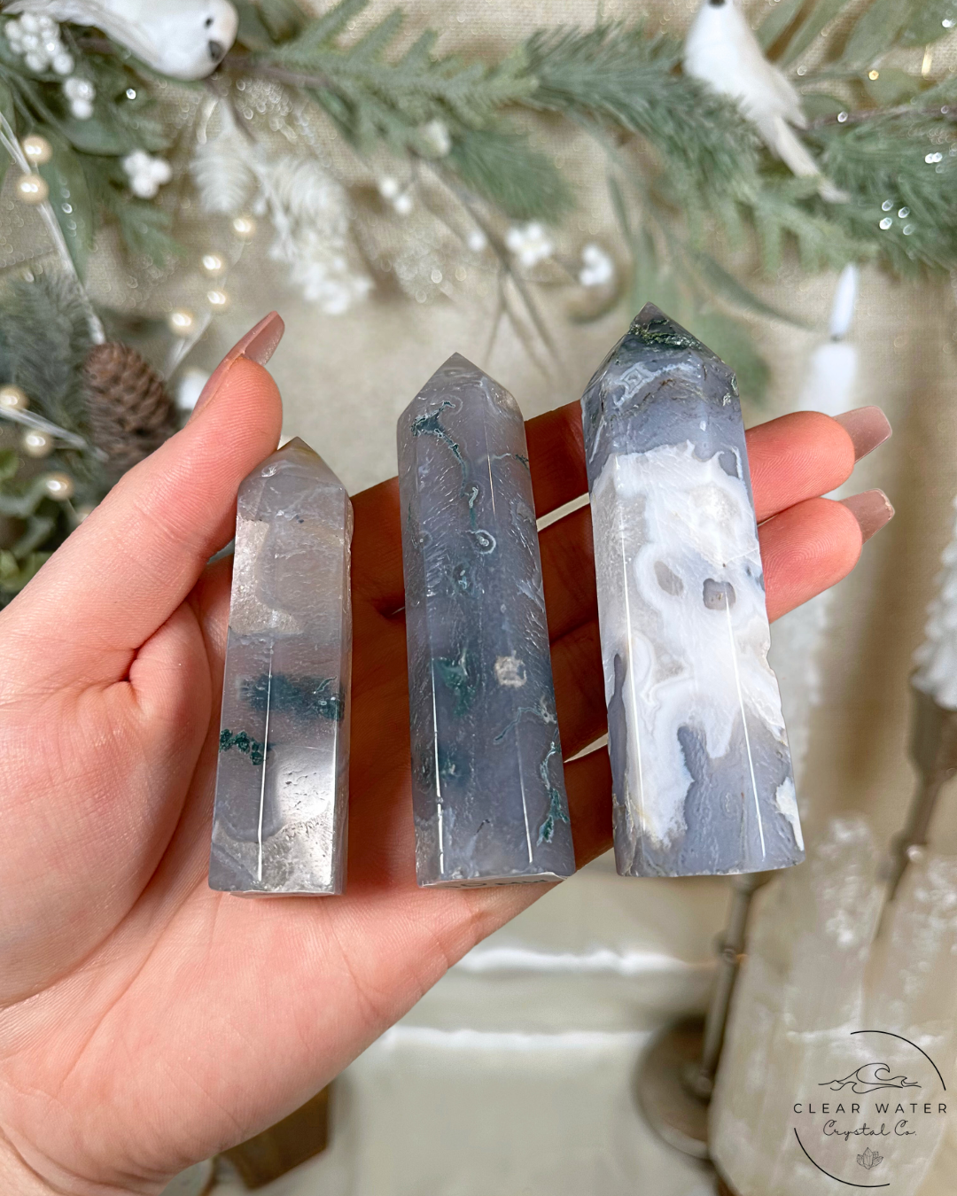 Pale Moss Agate & Blue Chalcedony Towers – China