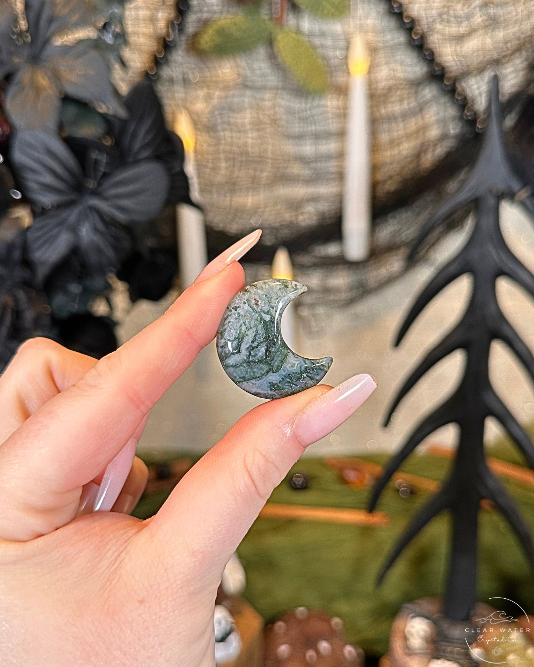 Moss Agate Moon Carving