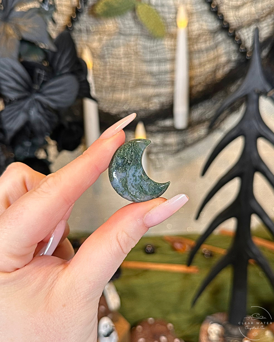 Moss Agate Moon Carving