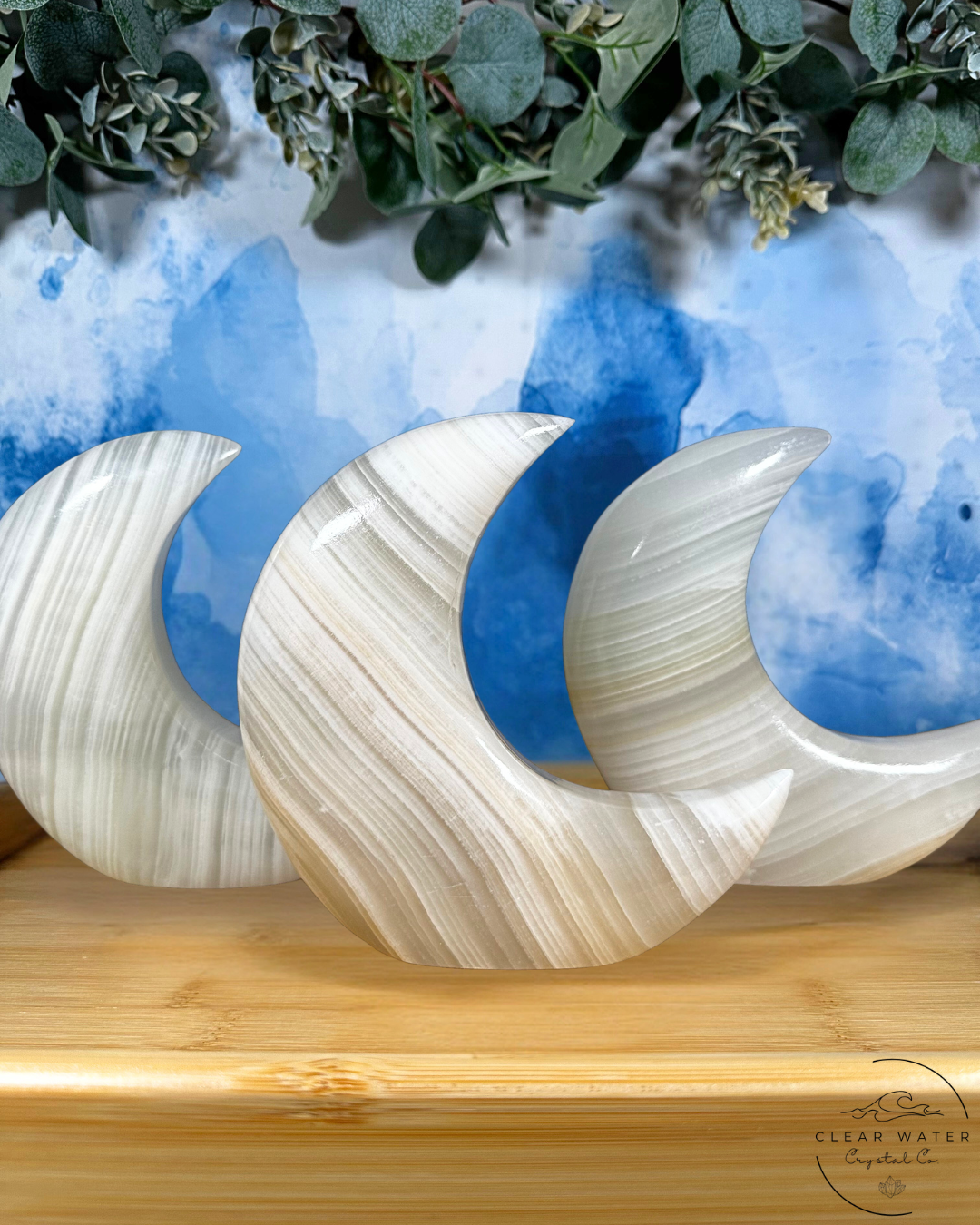 Mexican White Onyx Standing Moon Carving