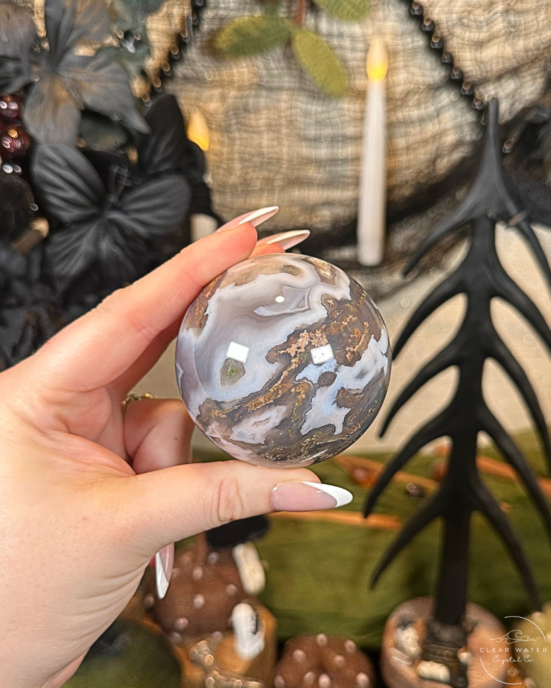 Moonlit Moss Sphere | Scenic Moss Agate from Indonesia