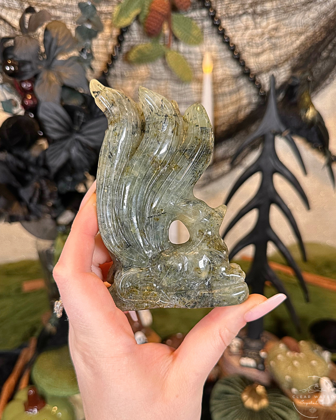 Prehnite Nine-Tailed Wolf Carving | China