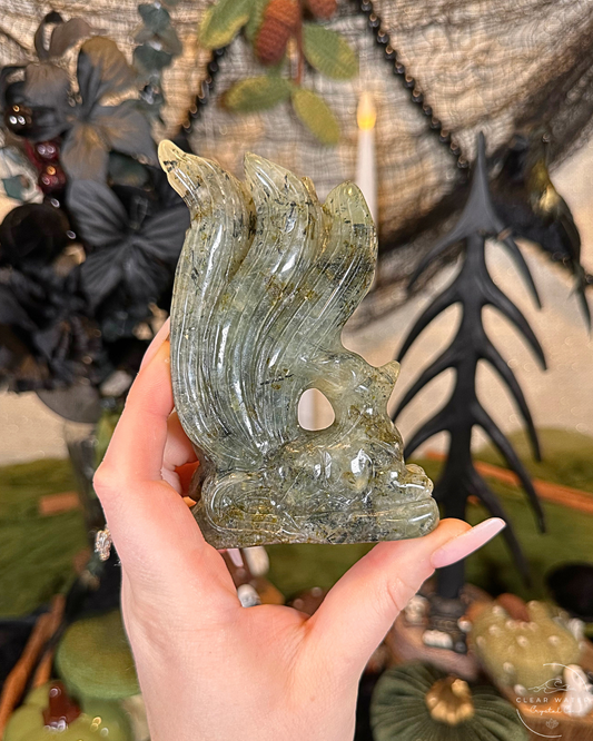 Prehnite Nine-Tailed Wolf Carving | China