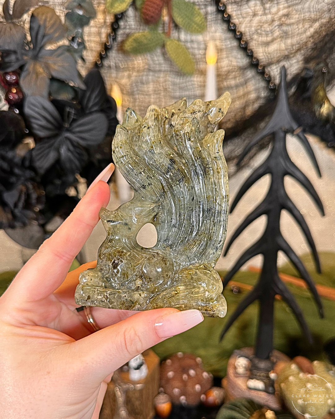 Prehnite Nine-Tailed Wolf Carving | China