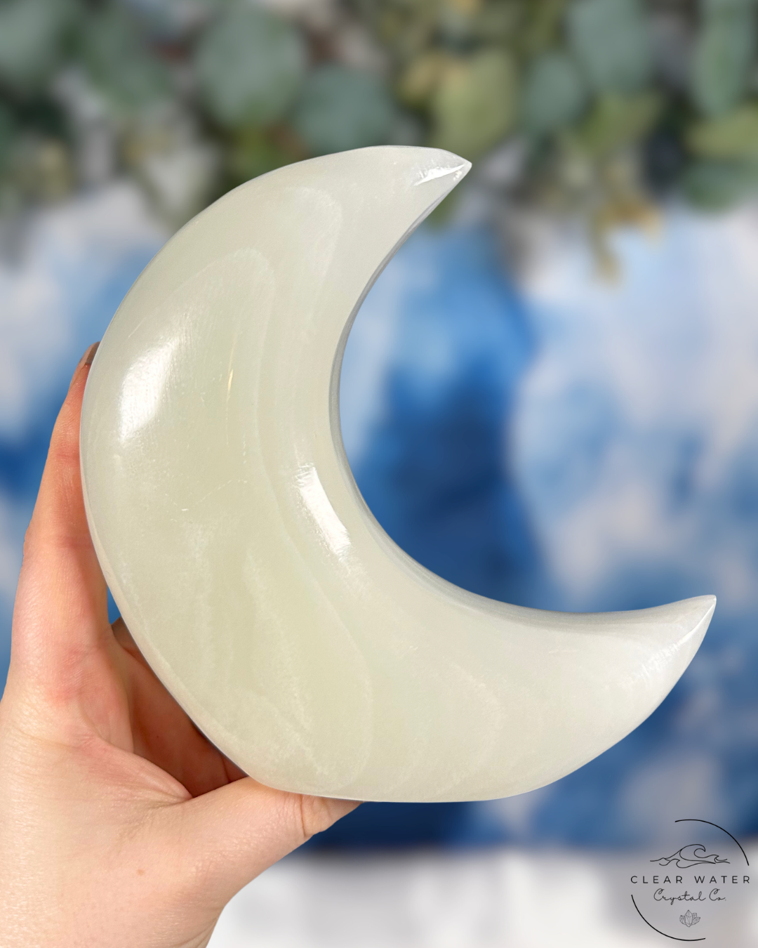 Mexican White Onyx Standing Moon Carving