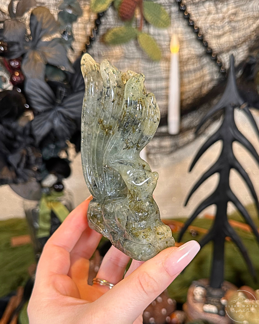 Prehnite Nine-Tailed Wolf Carving | China