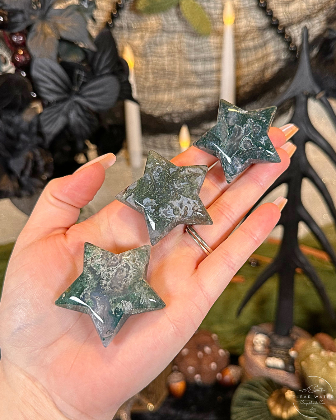Moss Agate Star Carving