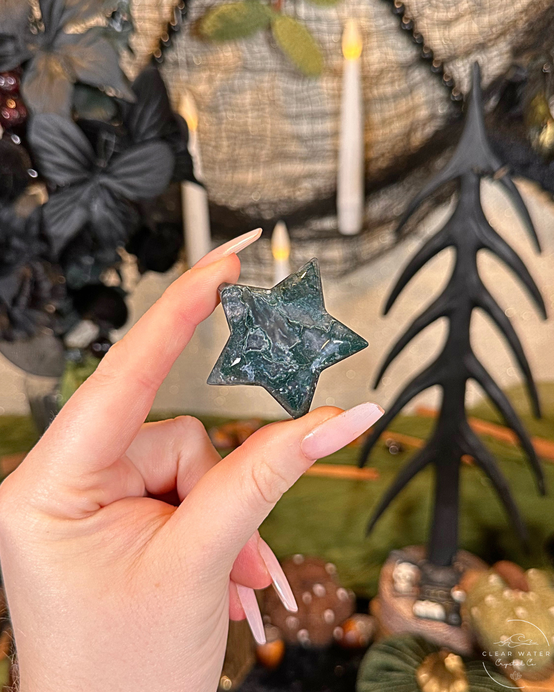Moss Agate Star Carving