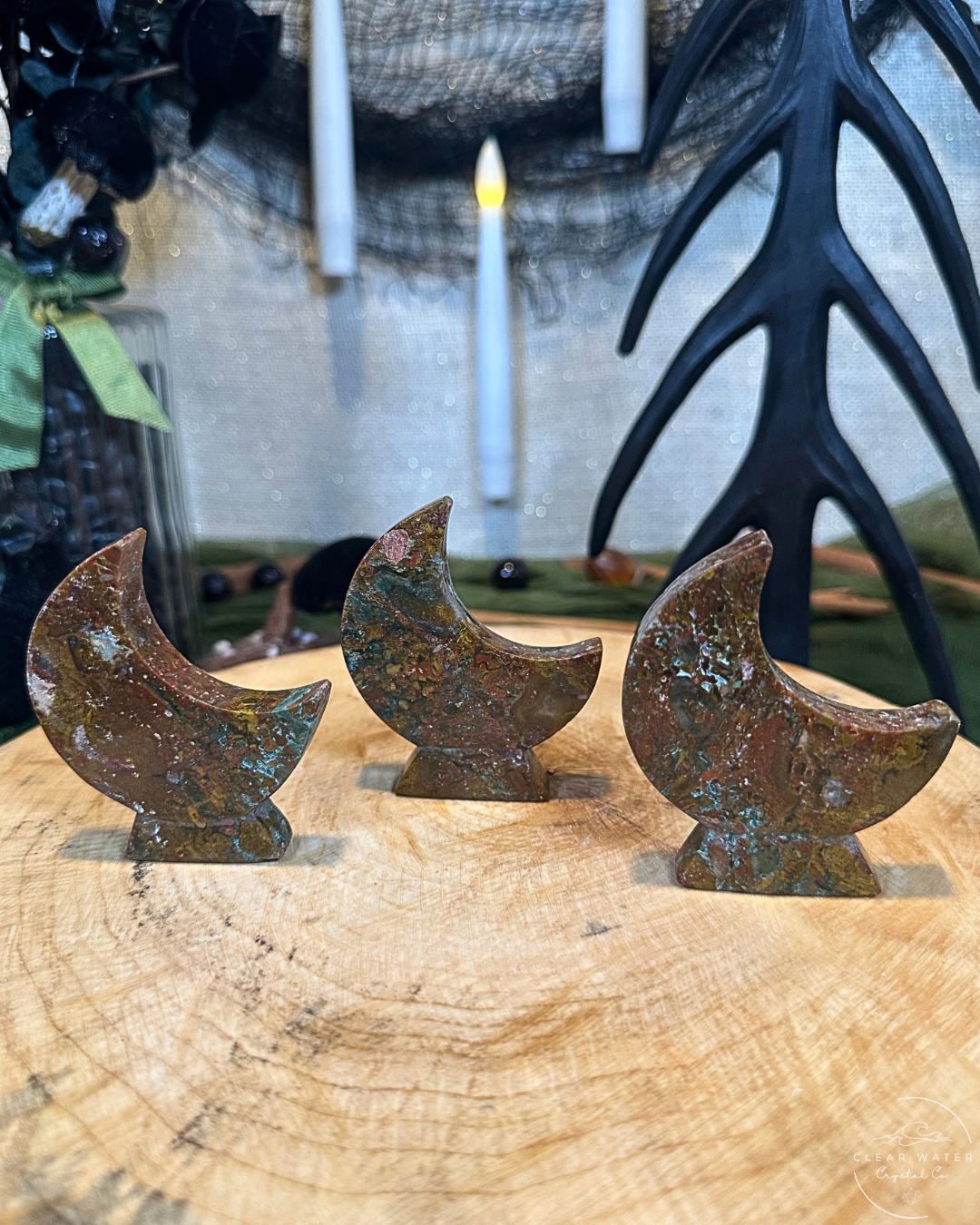 Scenic Moss Agate Standing Moon Carving | Indonesia