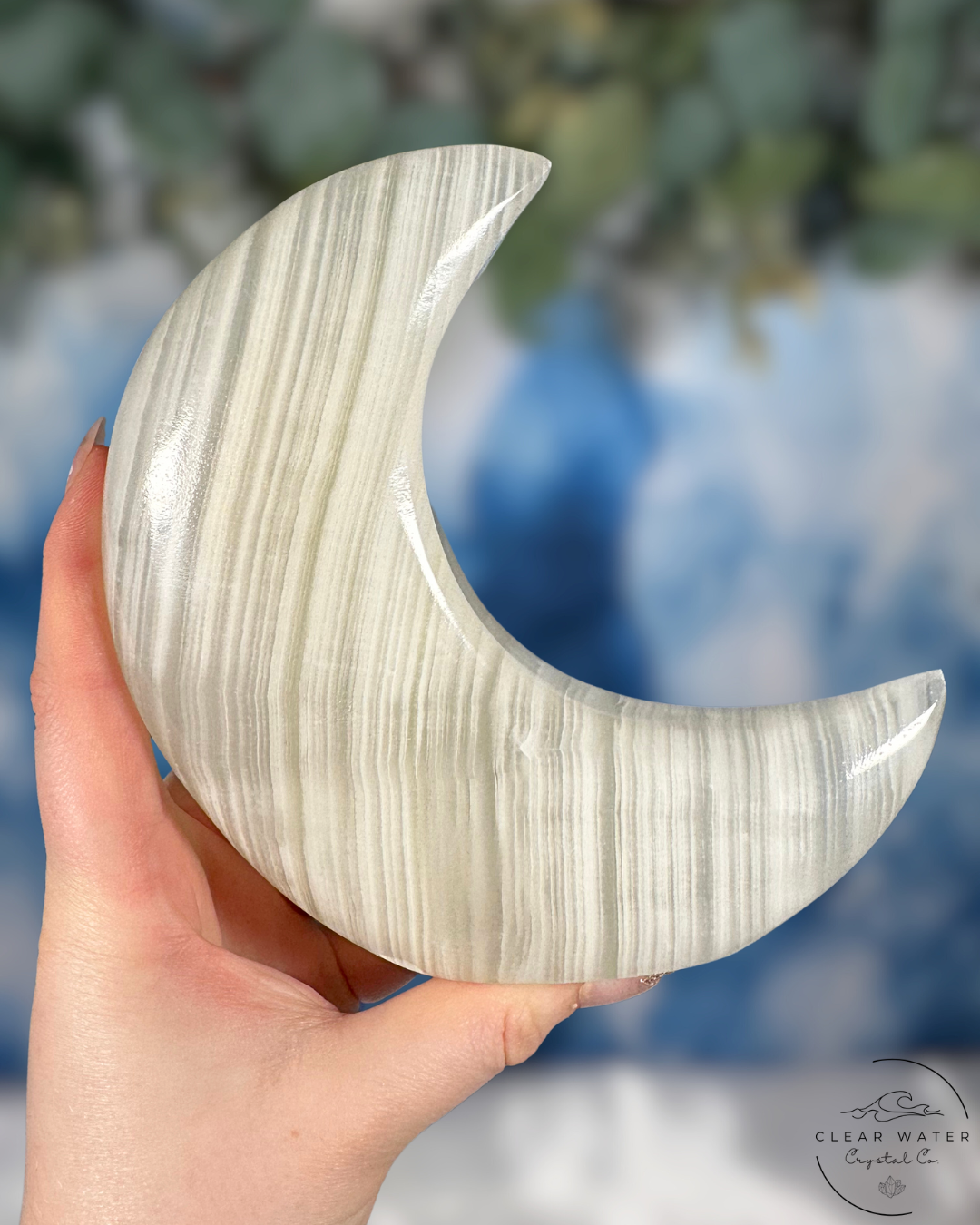 Mexican White Onyx Standing Moon Carving