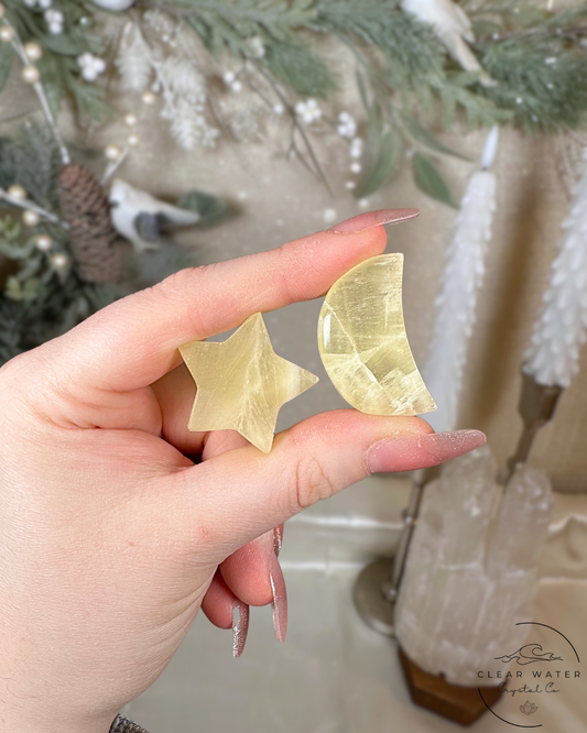 Lemon Calcite Moon & Star Carvings – Pakistan