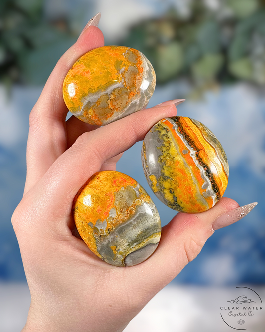Indonesian Bumblebee Jasper Palmstone: Vibrant Volcanic Art