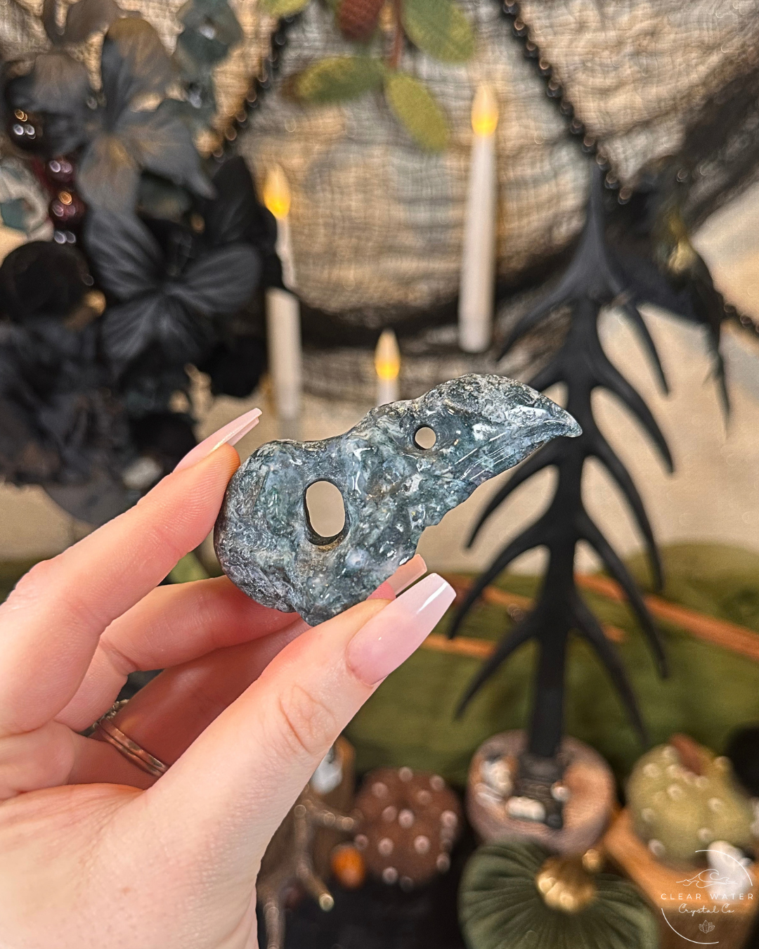 Moss Agate Raven Skull