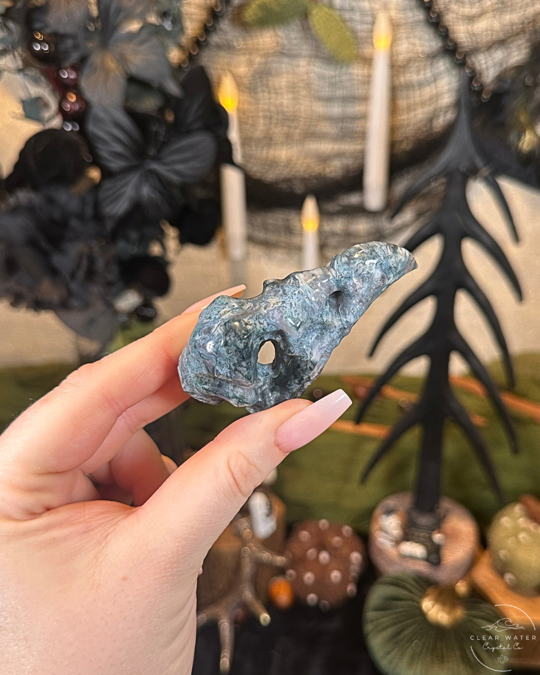 Moss Agate Raven Skull