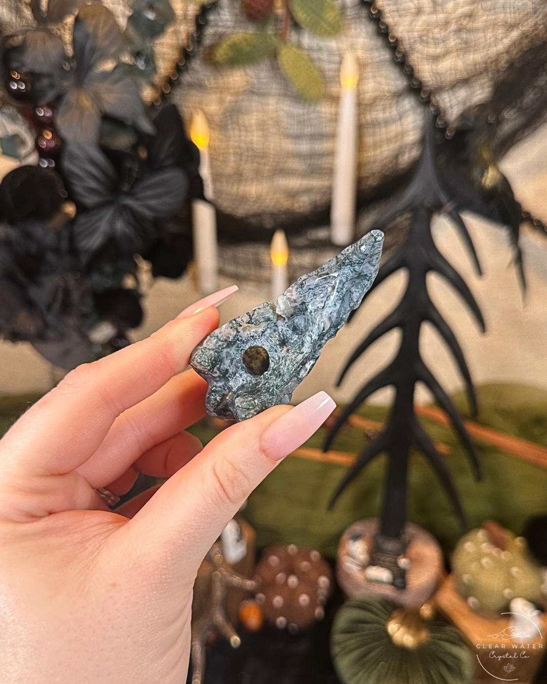 Moss Agate Raven Skull