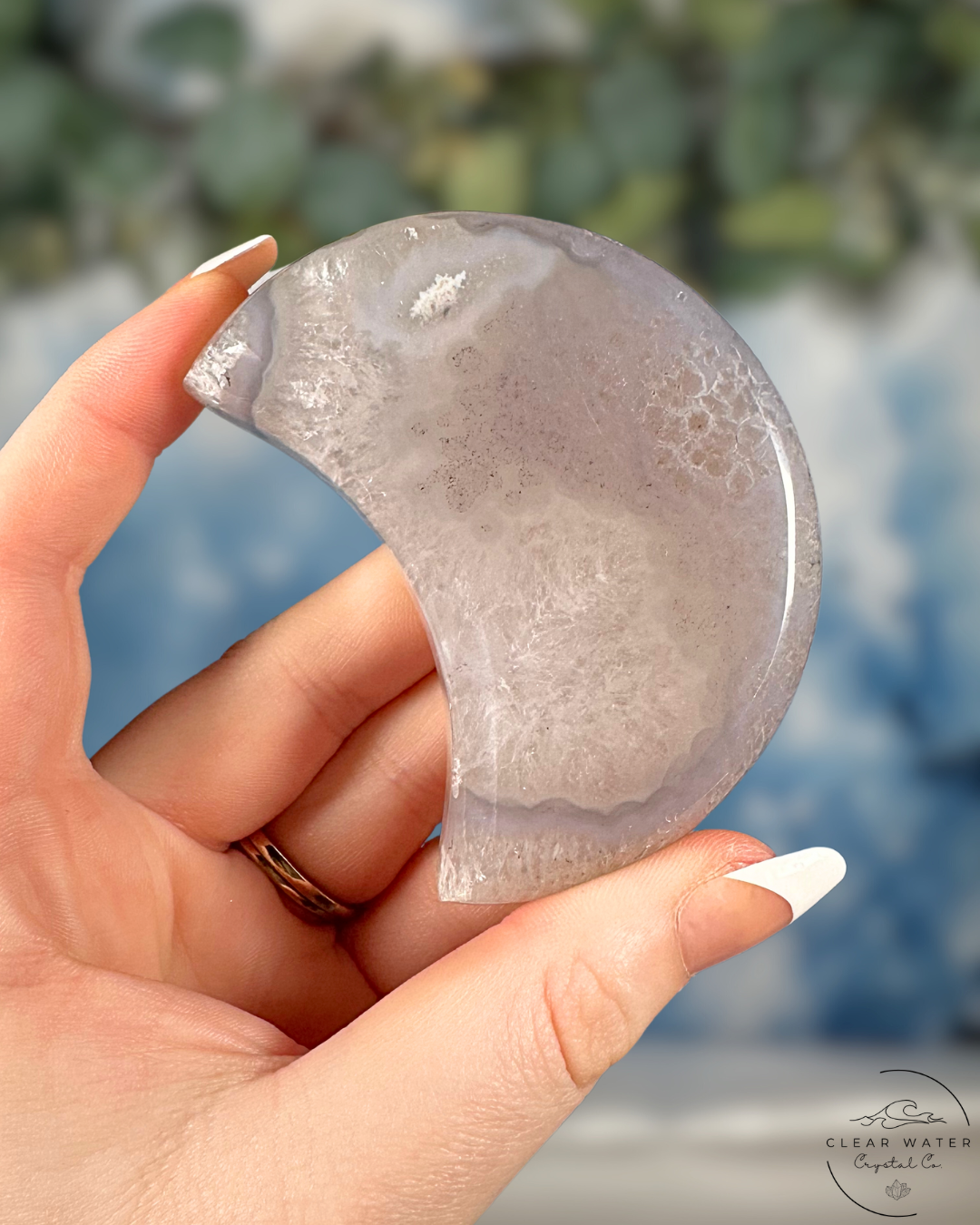Celestial Captivation: Brazilian Druzy Agate Moon on Stand