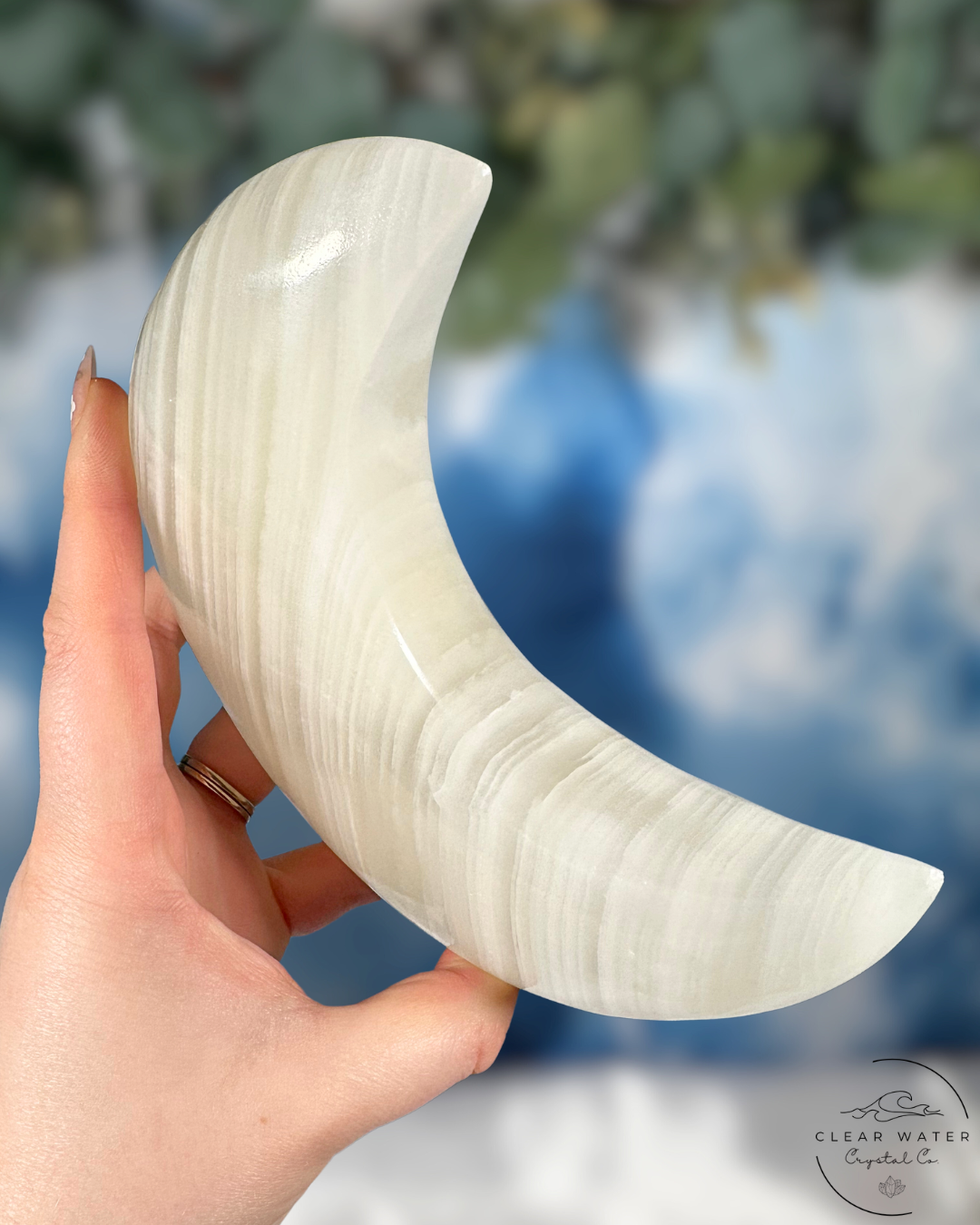 Mexican White Onyx Standing Moon Carving