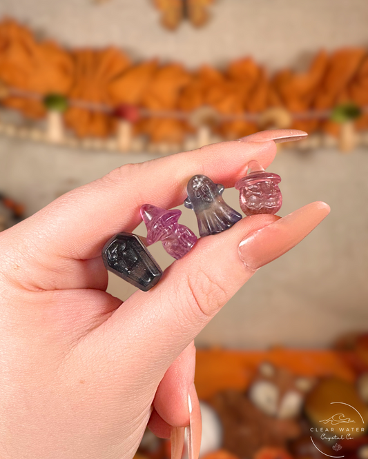 Halloween Fluorite Carvings – Ghosts, Pumpkins and Bats OH MY!