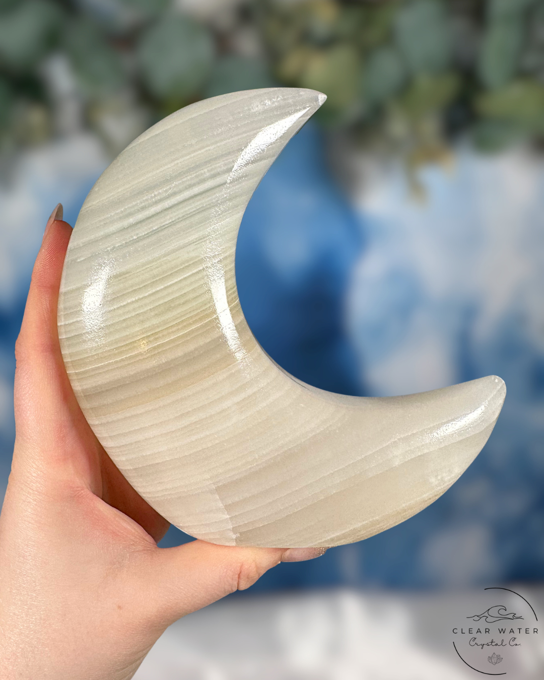 Mexican White Onyx Standing Moon Carving