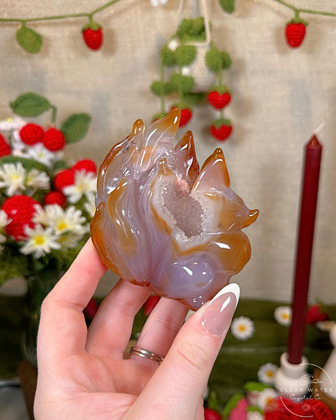 Druzy Carnelian Nine-Tailed Fox Carving