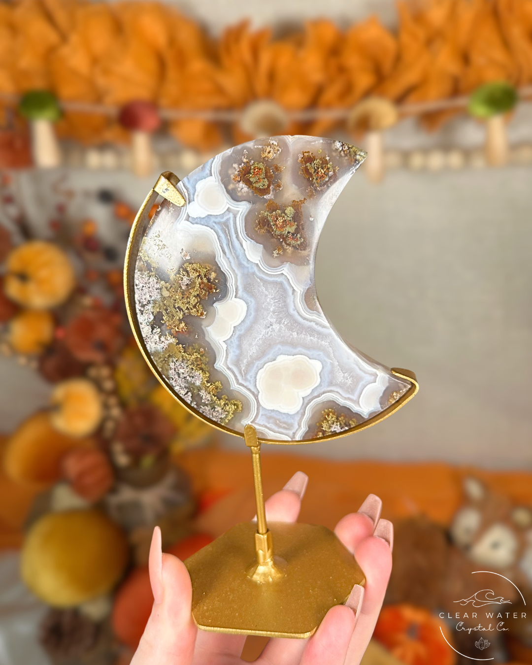 Scenic Moss Agate Moon on Gold Stand – Indonesia